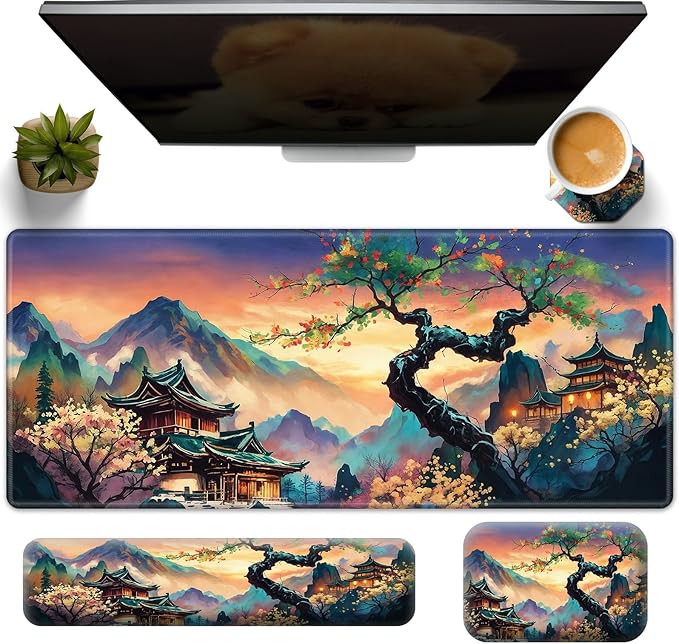 4PC Japanese Large Gaming Mouse Pad + Memory Foam Ergonomic Keyboard Wrist Rest Support + Wrist Rest + Coaster, Extended Desk Pad Set, Stitched Edge Non Slip Desk Mat for Office & Home, Japanese