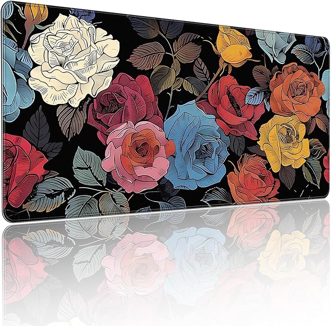 XXL Gaming Mouse Pad, Vintage Roses Floral Design, 35.4 x 15.7 Inches, Non-Slip Rubber Base, Microfiber Cloth, Extended Rectangular