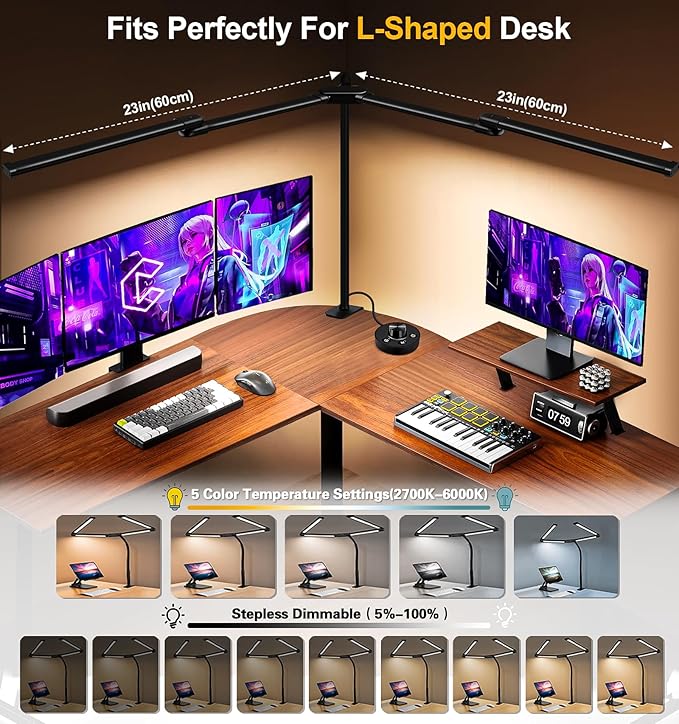 LED Desk Lamp for Home Office, 24W Bright Office Desk Lamp with Desktop Dimmer, 46" Multi-Screen Computer Monitor Architect Clamp Desk Light, Color and Dimming LED Table Light for Work Study