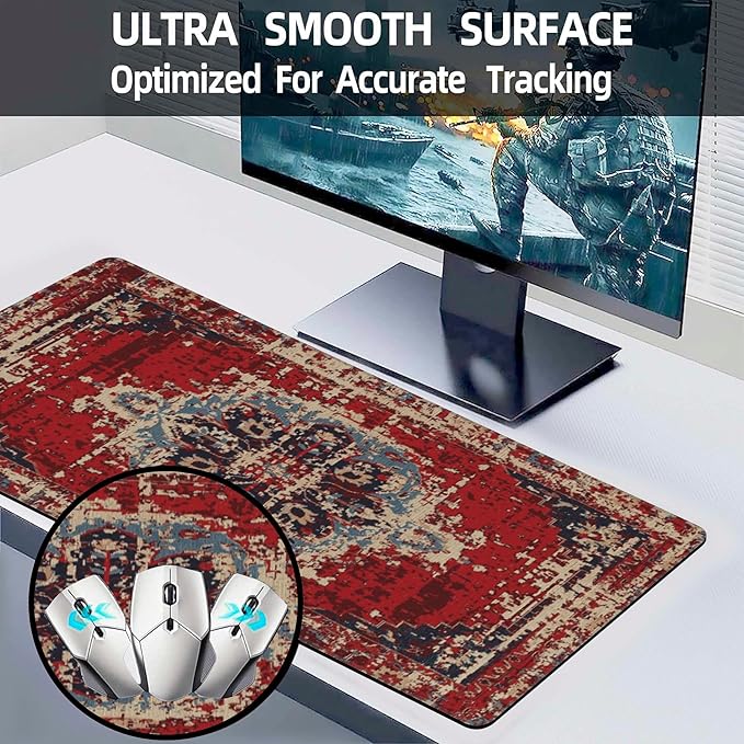 Desk Mat,Boho Carpet Style Large Gaming Mouse Pad XL,Boho Rug Desk Pad,Extended Big Computer Keyboard Mouse Pad with Non-Slip Base and Stitched Edges 31.5"x11.8"