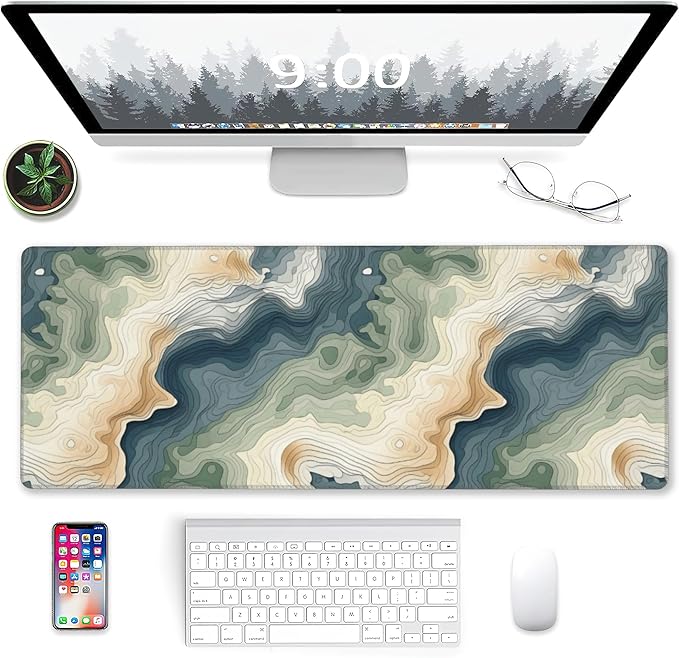 Gaming Mouse Pad,Color Topographic Contour Map Extended Mouse Pad Gaming Large, 31.5"x11.8"Abstract Blue and Green Waves Desk Mat with Non-Slip Base and Stitched Edge,Computer Keyboard for Home Office