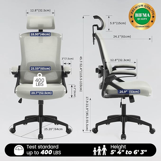 Fizzin Ergonomic Office Chair, 400 LBS Computer Chairs with Adjustable Lumbar Support, Breathable Mesh Desk Chair Ergonomic with Thickened Cushion, Comfy Home Office Desk Chair (Dark Gray)
