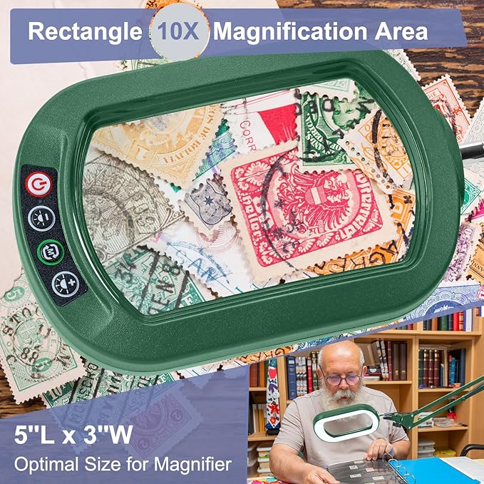 10X Large Magnifying Glass with Light and Clamp, Real Glass, 5 Color Modes, Stepless Dimmable, Lighted Magnifier with Stand Hands Free, LED Swing Arm Desk Lamp for Close Work, Craft, Painting - Green