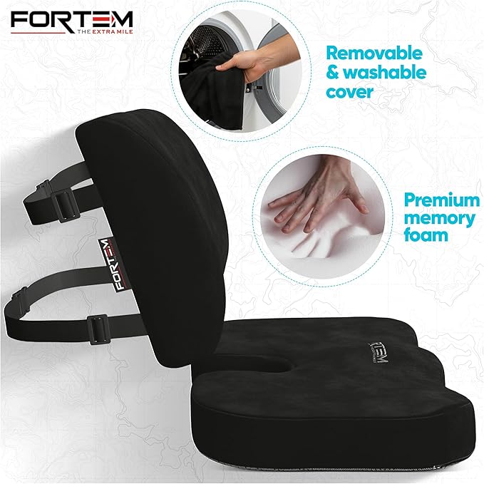 FORTEM Seat Cushion, Office Chair Cushion, Lumbar Support Pillow for Office Chair, Memory Foam Ergonomic Coccyx & Lumbar Support, Car Sitting Pad, Washable Non Slip