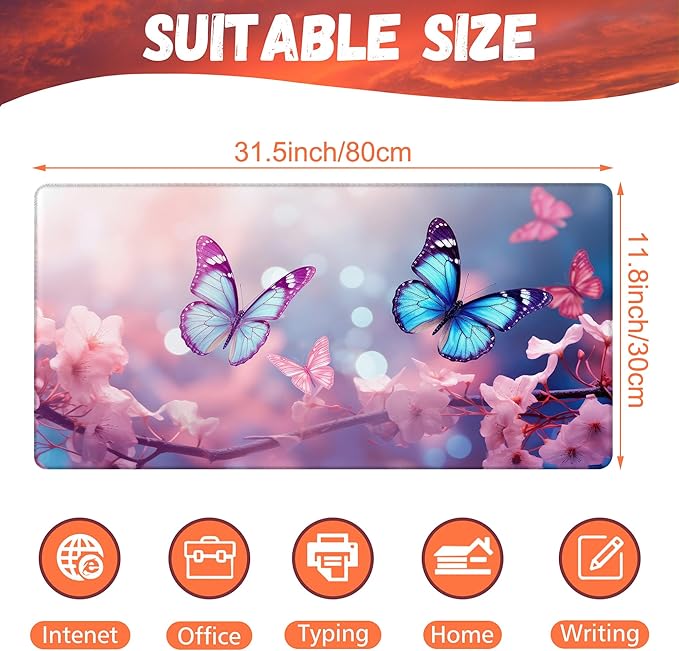 Desk Pad,Flying Blue Butterfly Desk Mat,Pink Cherry Blossom Branches Large Gaming Mouse Pad for Desk,31.5"x15.7" Extended Big Computer Keyboard Mouse Pad with Non-Slip Base and Stitched Edge