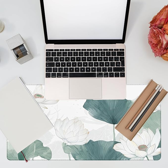 Desk Mat, Watercolor Lotus Painting Desk Pad, White Lotus Large Gaming Mouse Pad for Desk, 31.5"x15.7" Extended Big Computer Keyboard Mouse Pad with Non-Slip Base and Stitched Edge