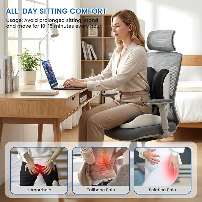 Seat Cushion, Memory Foam Car Seat Cushion with L-Shaped Ergonomic Design, Tailbone & Sciatica Support Cushion for Office Chair, Car, Truck Drivers, Long Work Sessions and Wheelchair