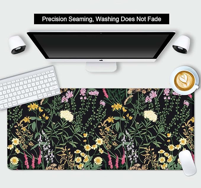 Botanical Colorful Flowers Gaming Desk Mat, Blooming Herb Floral Plants XXL Large Mouse Pad, Computer Mat for Desk, Accessory Decor Gift - 35.4 x 15.7 Inch, Vintage Flowers Black