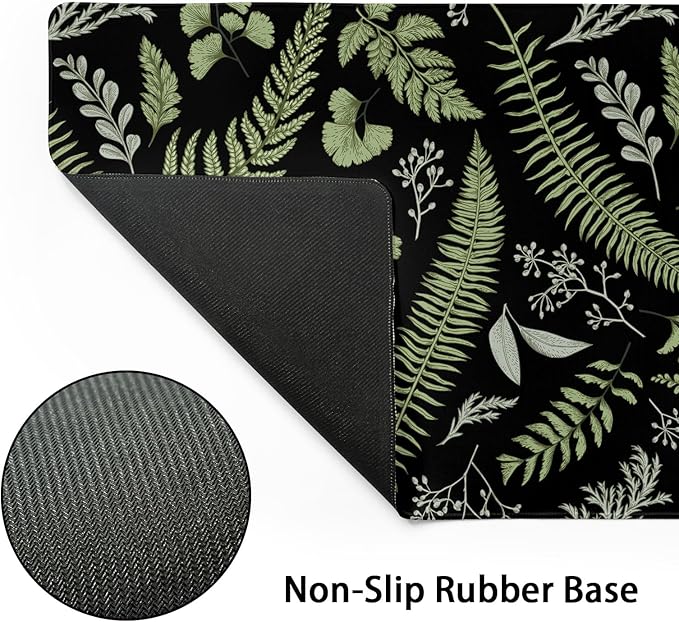 Black Green Plant Flowers Mouse Pad XL Tropical Fern Botanical Leaves Extended Desk Mat 80X30cm Non-Slip Rubber Base Stitched Edge Large XL Mousepad for Desk Gaming Laptop Desktop,31.5×11.8 Inch