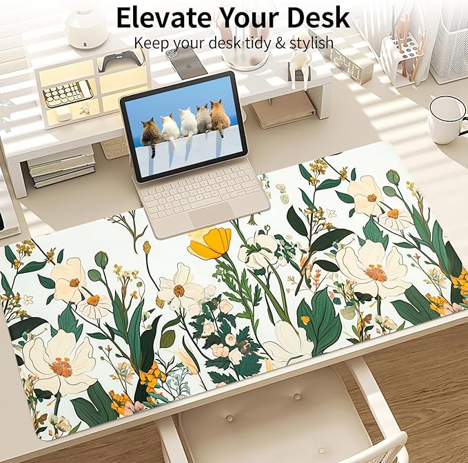 Flower Desk Mat, Desk Matt for Desktop, Leather Mouse Pad, Waterproof Large Keyboard Pad, Anti-Slip Computer mat, Keyboard and Mousepad for Women Office Decor (31.5"x15.7")