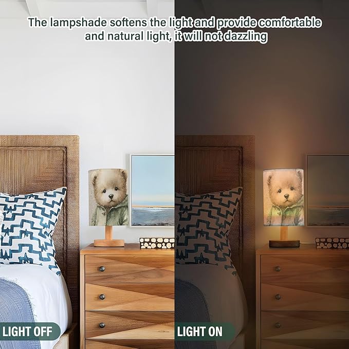 Bear LED Table Lamp, Bedside Lamp with Linen Lampshade, Flicker-Free Eye Care USB Plug in Nightstand Lamp, for Bedroom and Office