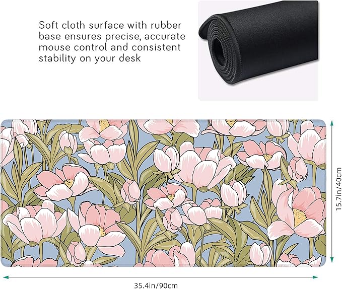Desk Mat, WatercolorTulip Flowers XXL 35.4"x15.7"Large Gaming Mouse Pad, 3mm Thick Gaming Keyboard Pad,Desk Pad Non-Slip Rubber Base with Stitched Edges for Office Game Home Decor