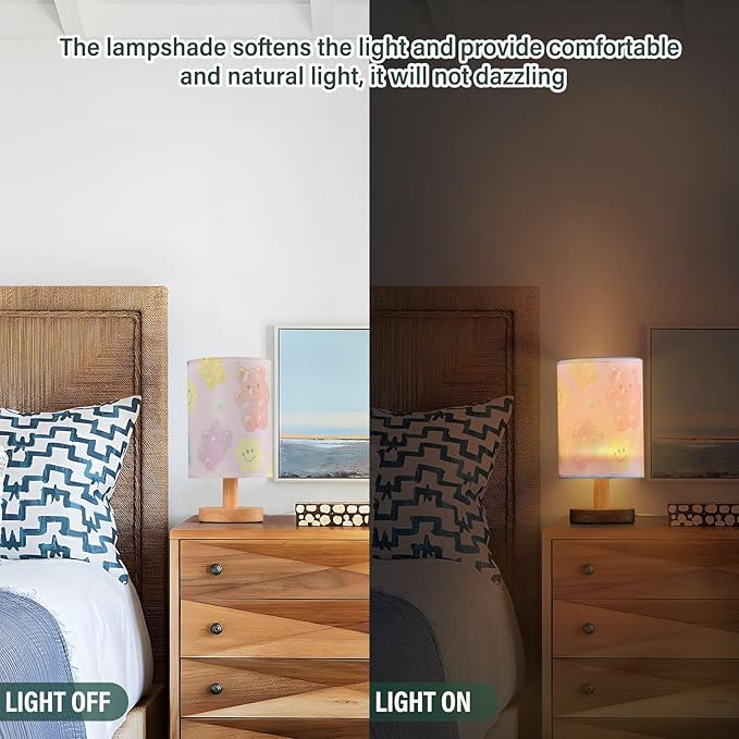 Gummy Bears LED Table Lamp, Bedside Lamp with Linen Lampshade, Flicker-Free Eye Care USB Plug in Nightstand Lamp, for Bedroom and Office