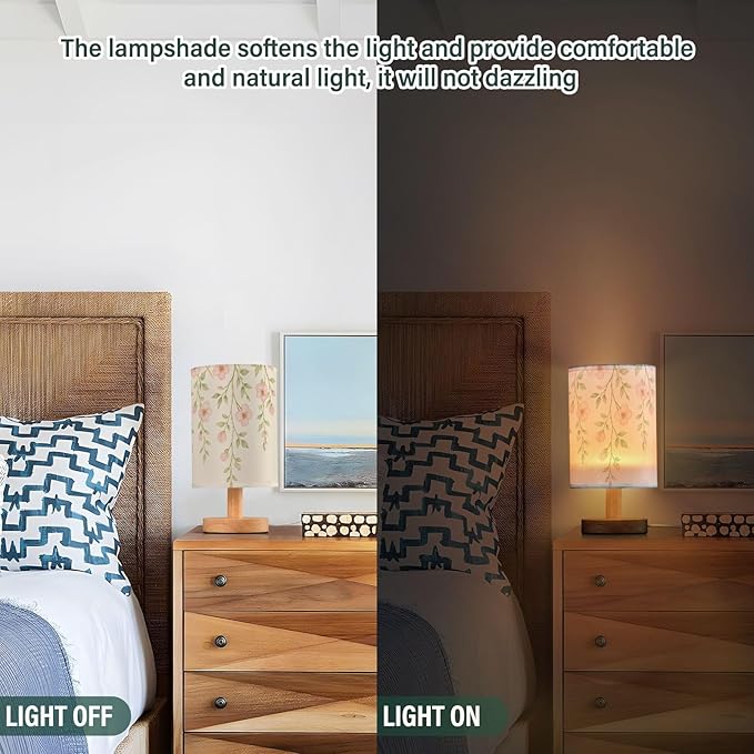 Flower LED Table Lamp, Bedside Lamp with Linen Lampshade, Flicker-Free Eye Care USB Plug in Nightstand Lamp, for Bedroom and Office