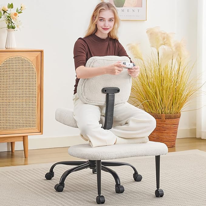 Ergonomic Criss Cross Legged Office Chair, ADHD Chair, Wide Height Adjustable Seat 360° Swivel Footstool with Wheels, Teddy Fabric Meditation Kneeling Chair, for The Restless Home Workers, White