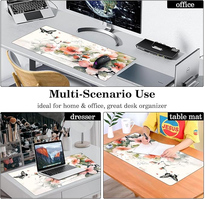 Flower and Butterfly Desk Protector, Stitched Edges Mouse Mat, Large Office Mat, Non-Slip Blotter, Laptop Pad, Writing Pad for Office and Home (31.5" x 15.7")