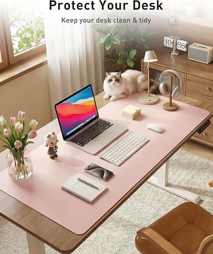 Aothia Faux Leather Desk Mat - Large Mouse Pad, Non-Slip PU Leather Blotter, Waterproof Writing Surface for Office and Home (Fairy Pink, 63" x 17")