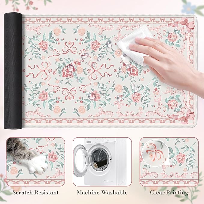 HAOCOO Pink Desk Mat for Keyboard and Mouse, Non-Slip Large Mouse Pad, Cute Bow Desk Matt for Desktop, Computer Mat with Edge Stitching for Office, Waterproof Desktop Protection