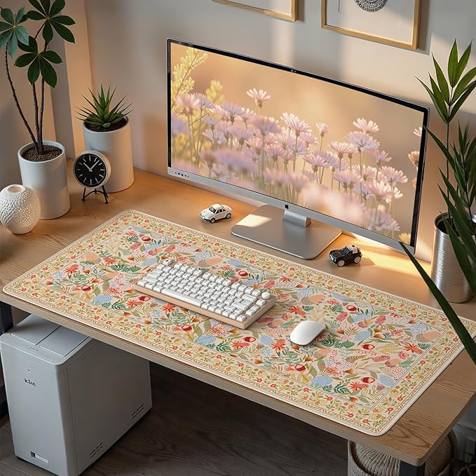 Large Mouse Pad for Desktop, Cute Desk Mat Pad Protector for Work & Gaming, Aesthetic Pretty Anti-Slip Laptop Blotter Cover for Office School Home Supplies, Orange Floral, 35.4" x 15.7"
