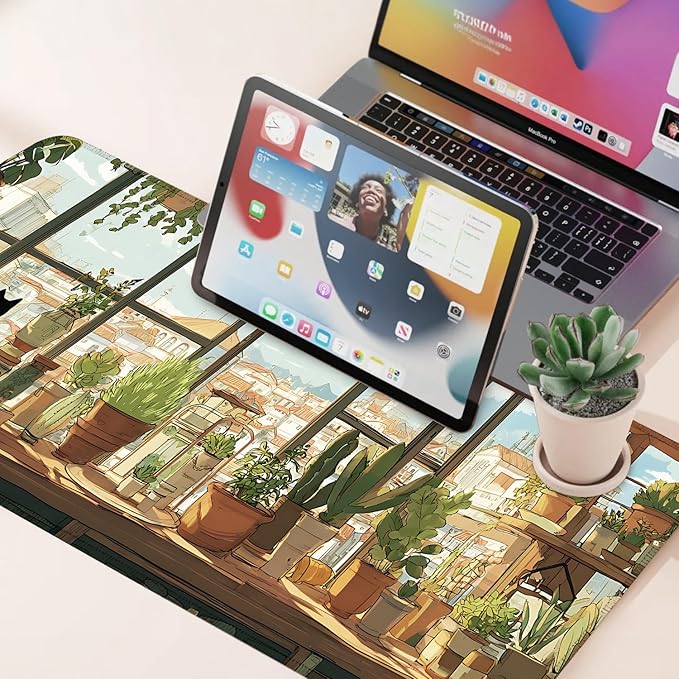 Desk Mat, XXL Extended Gaming Pad for Desktop, 31x12 Inches Cat Lover Kitty in Window with Houseplants, Large Non-Slip Vegan Leather Surface with Stitched Edges, Keyboard Mouse Mat for Home Office