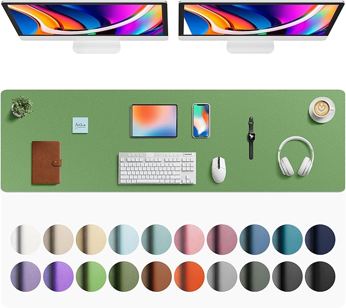 Aothia Faux Leather Desk Mat - Large Mouse Pad, Non-Slip PU Leather Blotter, Waterproof Writing Surface for Office and Home (Olive Green, 63" x 17")