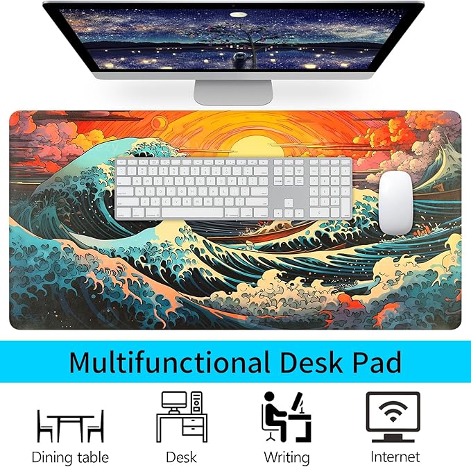 Japanese Sea Wave Desk Pad, Desk Matt for Desktop, Leather Mouse Pad, Waterproof Keyboard Mat, Non-Slip Computer Mat, Keyboard and Mouse Pad for Office Decor (31.5"x15.7")