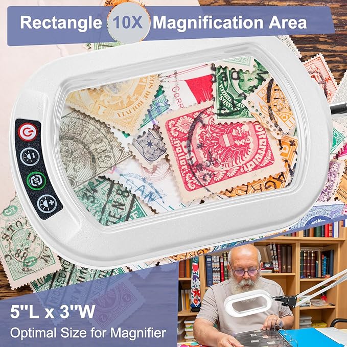 10X Large Magnifying Glass with Light and Clamp, Real Glass, 5 Color Modes, Stepless Dimmable, Lighted Magnifier with Stand Hands Free, LED Swing Arm Desk Lamp for Close Work, Craft, Reading - White