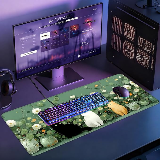 Desk Mat, XXL Extended Gaming Pad for Desktop, 31x12 Inches Floral Cats Three Kittens with Flowers, Large Non-Slip Vegan Leather Surface with Stitched Edges, Keyboard Mouse Mat for Home Office