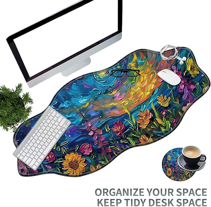 Vibrant Watercolor Flowers Large Gaming Mouse Pad Plus a Coaster, 35.4 x 15.7 inches Desk Mat Extended XXL Mousepad with Stitched Edge Non-Slip Rubber, Desk Pad Computer Mouse Mat for Home Office