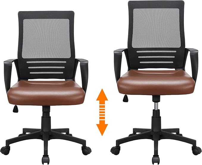 Yaheetech Mid Back Mesh Office Chair with Leather Seat Executive Office Computer Task Chair with Armrests and Lumbar Support, Brown