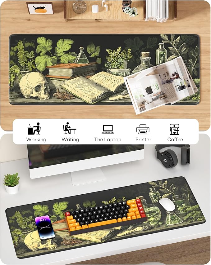 Skull Mouse Pad, 31.5 x 11.8 Large Desk Mat with Stitched Edges & Non-Slip Base, Mousepad for Office, Home, Work, Cool Skull