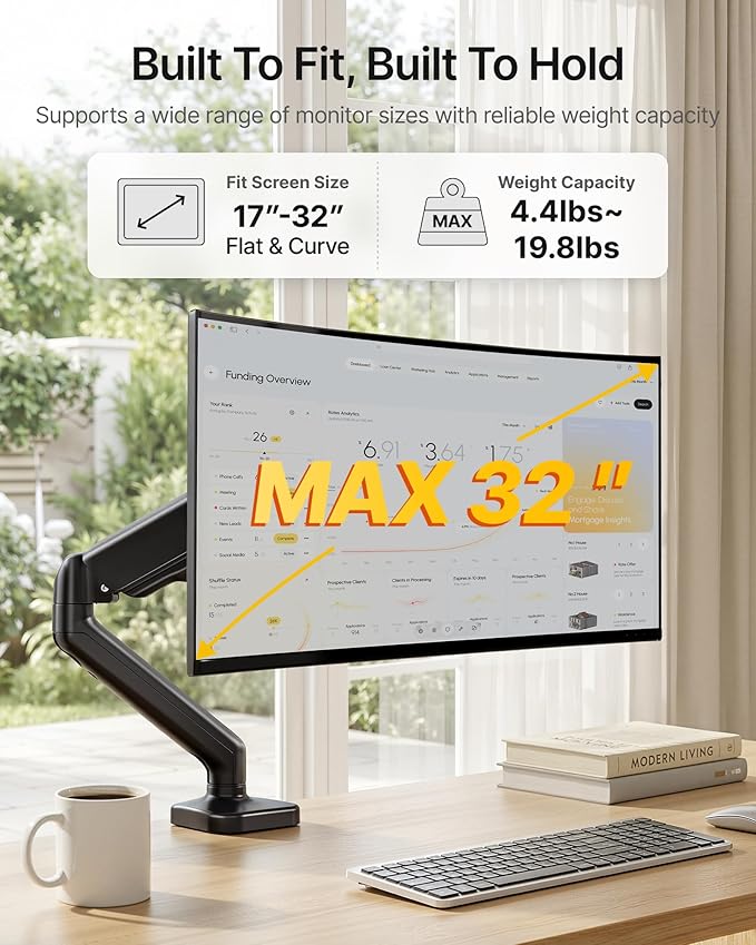 monTEK Single Monitor Arm Fully Motion Adjustable Monitor Mount Fits 17-32 inch Screens Desk Monitor Stand up to 19.8lbs with Clamp/Grommet, Cable Management, Quick Release Plate, VESA 75/100mm