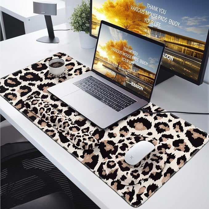 iLeadon Mouse Pad Set, Desk Mat + Mouse Pad with Wrist Rest + Keyboard Wrist Rest + Coaster, 4in1 Leopard Mouse and Keyboard Pad Set for Home Office, Classic Leopard