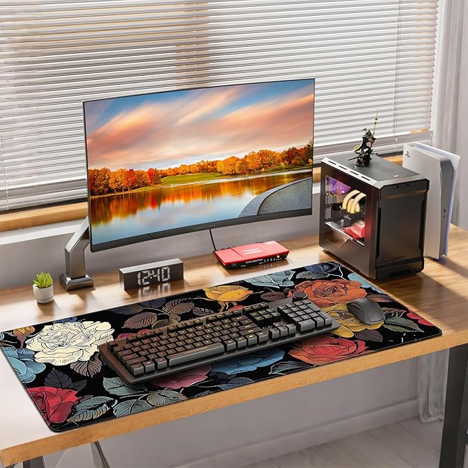 XXL Gaming Mouse Pad, Vintage Roses Floral Design, 35.4 x 15.7 Inches, Non-Slip Rubber Base, Microfiber Cloth, Extended Rectangular