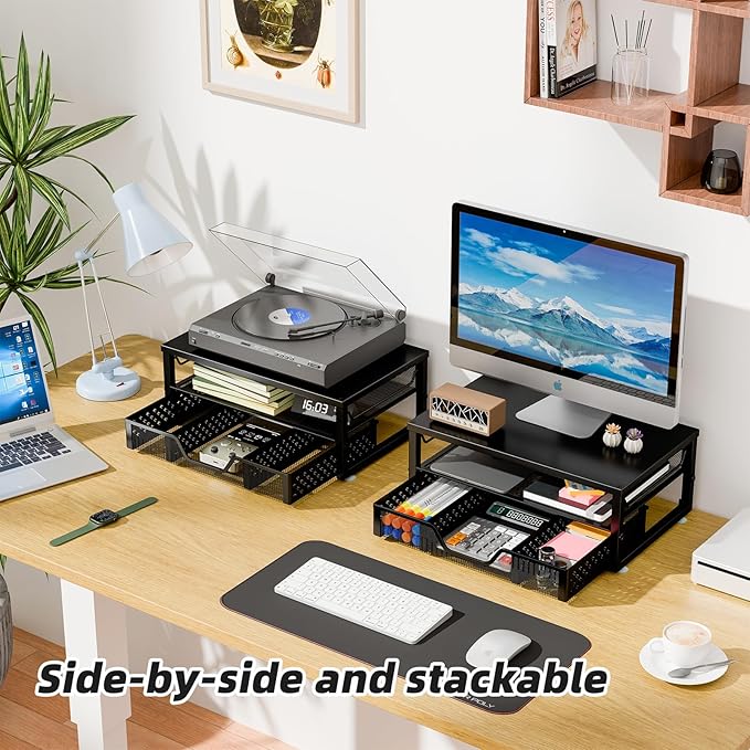 Simple Trending Desk Organizer and Accessories, 2-Tier Computer Monitor Stand Riser with Drawer for Office Supplies, Black