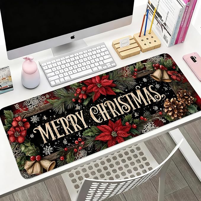 Desk Mat, XXL Extended Gaming Pad for Desktop, 31x12 Inches Floral with Flowers, Large Non-Slip Vegan Leather Surface with Stitched Edges, Keyboard Mouse Mat for Home Office