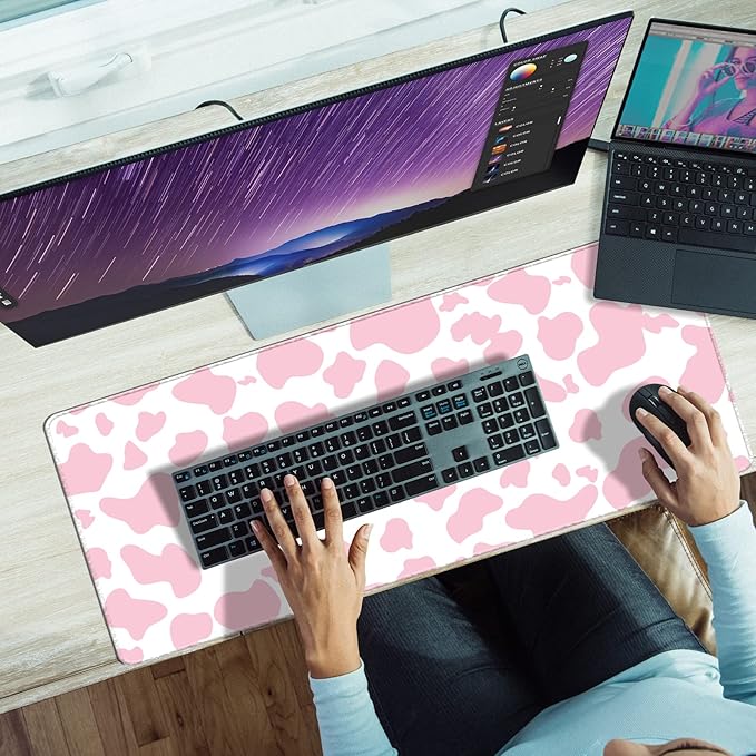 Extended Large Computer Gaming Mouse Pad Desk Mat(31.5×15.7 in),Desk Pad with Non-Slip Base and Stitched Edges,Suitable for Work Office Large Gaming Mouse Pad Desktop Pad-Pink Cow