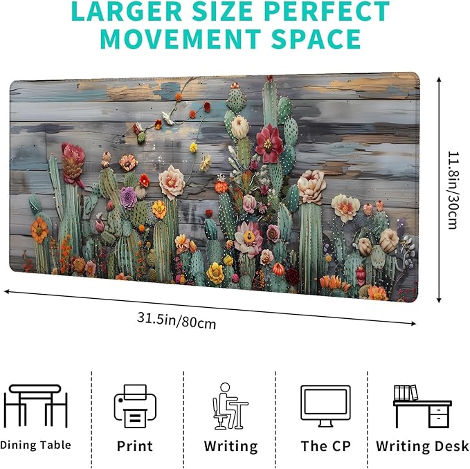 Cactus Gaming Mouse Pad,12x31.5in Non-Slip Rubber Desert Succulent Cacti Desk Mat,Large Extended Mousepad for Office Home Laptop,Mice Pads Gifts,Game Lover Deskmat Decor (Wood Pttern)