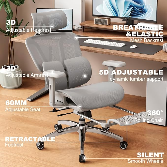 Vonesse Ergonomic Office Chair with Footrest, Desk Chairs with Adjustable 3D Headrest and Armrests, Computer Gaming Chair with Dynamic Lumbar Support & Adjustable Depth Breathable Mesh Seat (Grey)