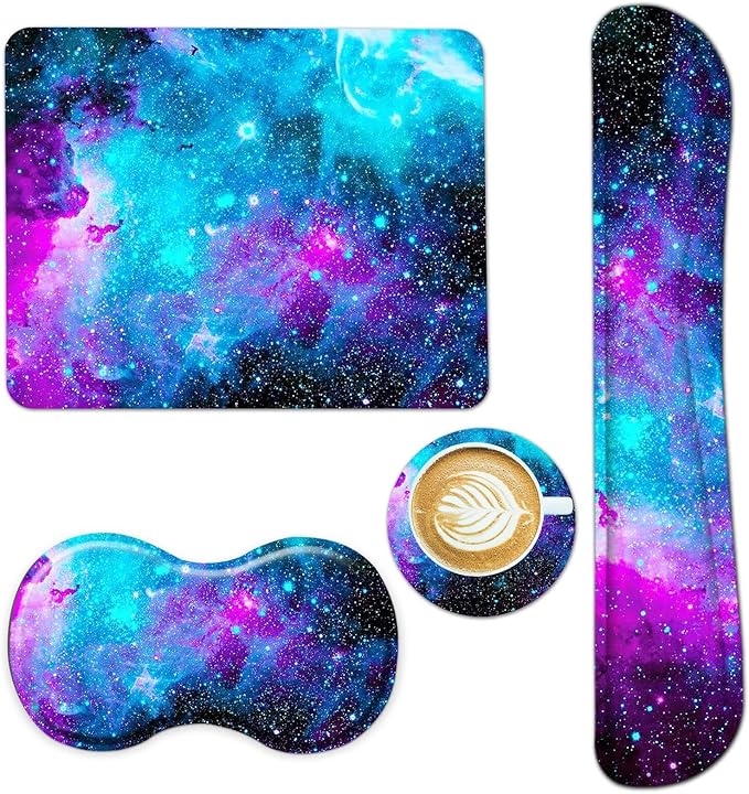 AIMSA Keyboard Wrist Rest Support + Mouse Pad + Mouse Wrist Rest + Coaster, Ergonomic Memory Foam Anti-Slip Rubber Base 4 PCS Set Easy Typing Pain Relief, Galaxy Nebula Universe