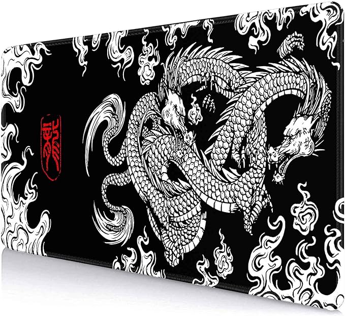 IMAYONDIA Large Gaming Mouse Pad (35.4x15.7 in), Big Extended Non-Slip Rubber Base Mousepad with Stitched Edges, Keyboard Mouse Mat Desk Pad for Work, Gamer, Office, Computer - Black and White Dragon