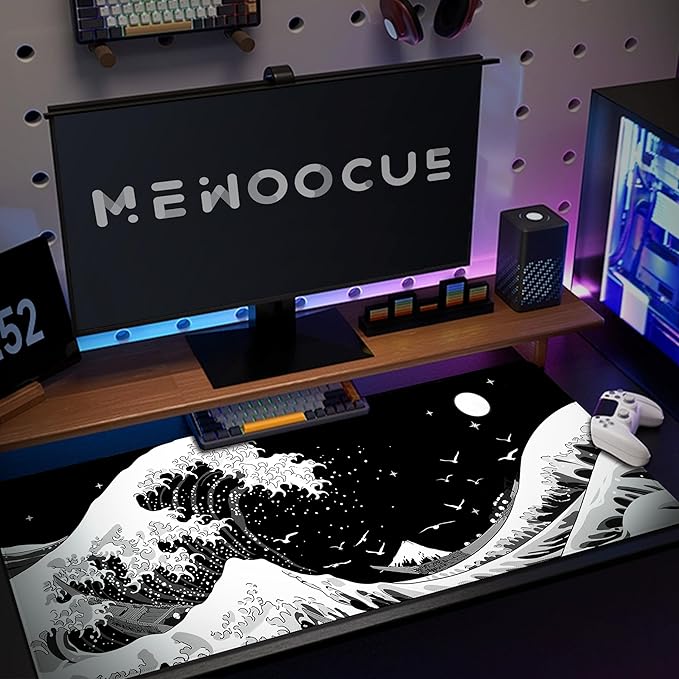 MEWOOCUE® Gaming Mouse Pad for Desk,Large Sea Wave Mousepad Laptop,Black White Japanese Anime Mouse Mat,Long XXL Waterproof Keyboard Pads,Big Non-Slip Mouse Pads for Game Office Home（31.5 x 11.9 in）