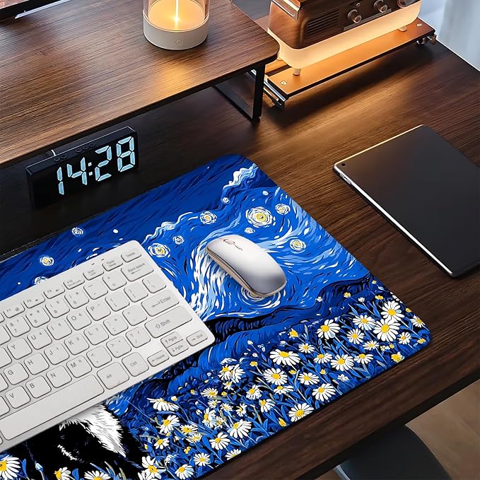 Large Mouse Pad & Keyboard Mat 35x16 Inches, Van Gogh Starry Night with Cat and Daisy Non-Slip Rubber Base Desk Mat, Large Extended Desk Protector for Home Office Gaming Setup