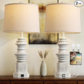 QiMH Table Lamps for Nightstand Set of 2, Bedside Lamp with USB A+C Charging Ports, Farmhouse Table Lamp with Linen Lampshade, Lamps for Living Room, Bedroom Lamps with LED Bulbs, Grey