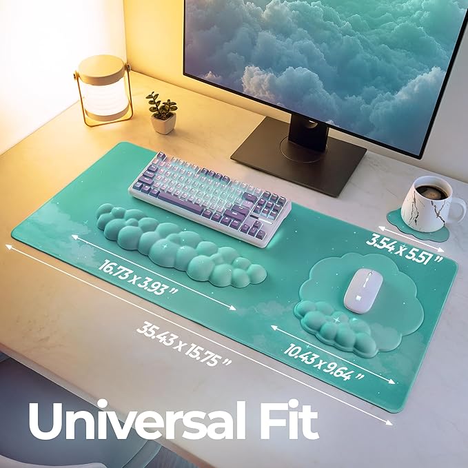 Premium Quality Cloud Wrist Rest Keyboard & Mouse Pad Set – Ergonomic Memory Foam Desk Accessories with Wrist Support & Cloud Coaster Wrist Rest for Office & Gaming- Mint