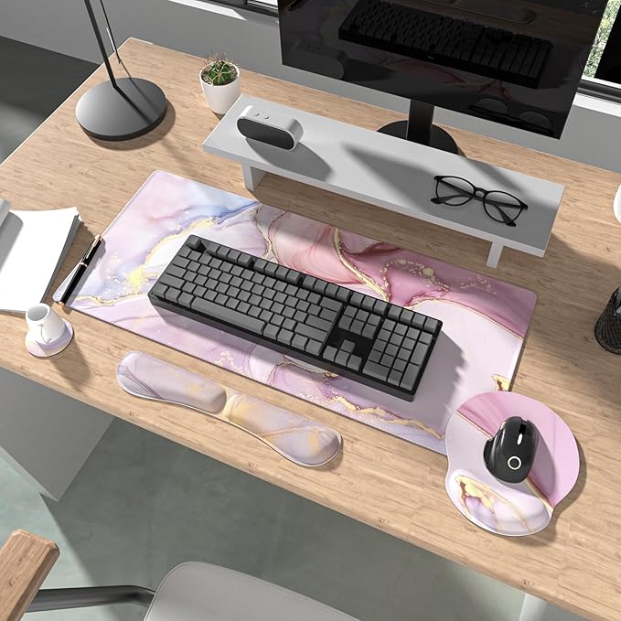 Ovenbird Mouse Pad Set 4-in-1 | Large Gaming Mousepad, Keyboard Wrist Rest, Mouse Wrist Support, Coaster | Ergonomic Office Desk Mat Accessories for Women Men | 4PCS, 35.4 x 15.7in, Pink Marble