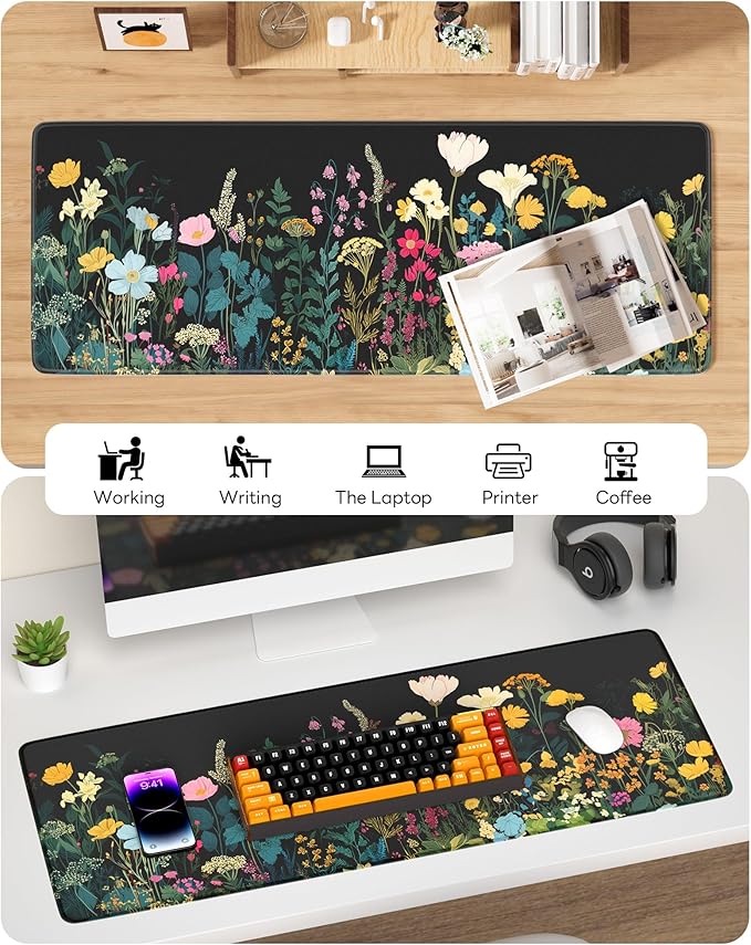 Floral Mouse Pad, 31.5 x 11.8 Large Desk Mat with Stitched Edges & Non-Slip Base, Mousepad for Office, Home, Work, Night Flowers