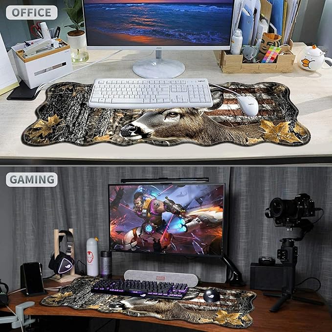 Camo Flag Deer Large Gaming Mouse Pad Plus a Coaster, 31.5 x 11.8 inches Desk Mat Extended XL Mousepad with Stitched Edge Non-Slip Rubber, Desk Pad Computer Mouse Mat for Home Office