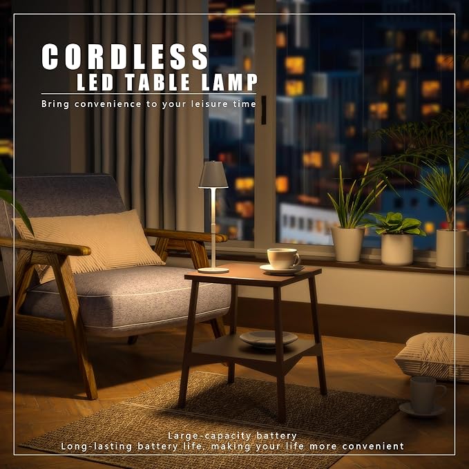 2-Pack Cordless Table Lamps - 5000mAh Rechargeable Battery Operated Desk Lamp, 3-Level Dimmable LED Night Light for Bedroom, Dining, Restaurant - Metal Design (White 2-Pack)