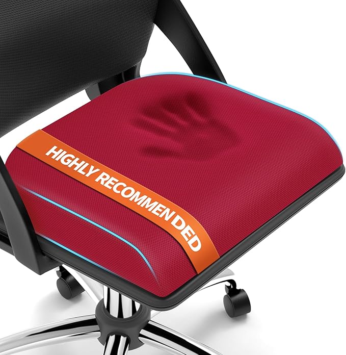 Large Seat Cushion, Memory Foam Cushion for Long Sitting Hours on Office Chair, Home & Car, Non-Slip Chair Pad for Relieving Back & Sciatica & Hip & Coccyx Pain (Red)